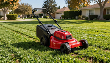 Red push lawn mower on a sunny suburban lawn with houses in the background