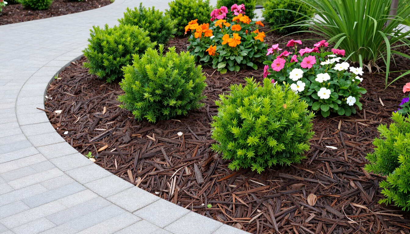 Curved garden bed with shrubs and pink, orange, and white flowers beside a paved walkway