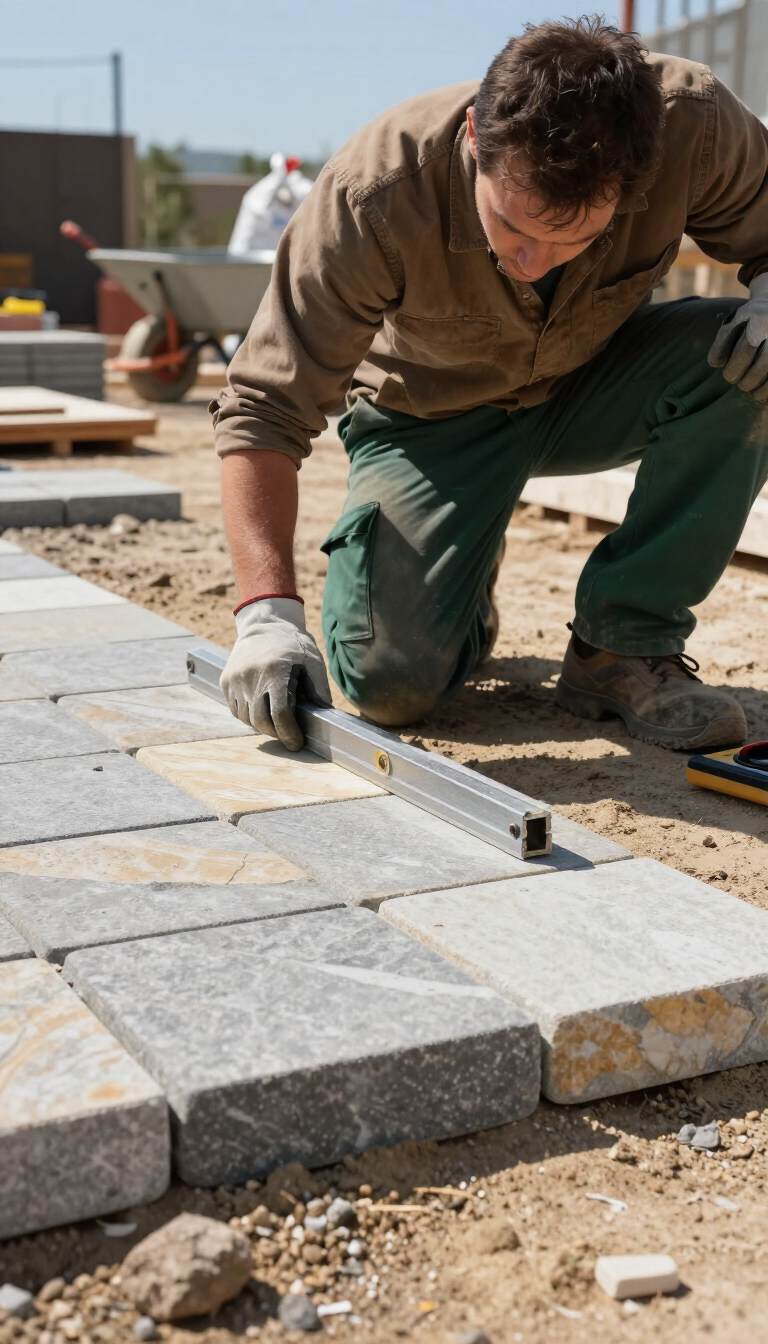 Worker laying gray paving stones on a gravel patio with a trowel