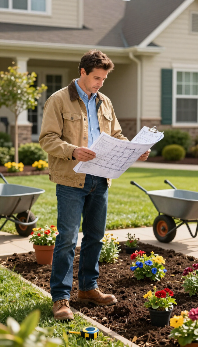 Man reading a garden plan in a flower bed beside wheelbarrows in a suburban yard