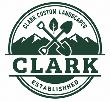 Clark Custom Landscapes logo with green pine tree, stone path, and pyramid design