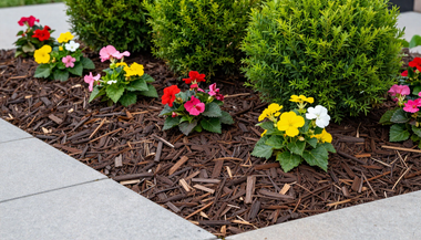 Colorful flowers in a mulched garden bed beside a sidewalk and green shrubs