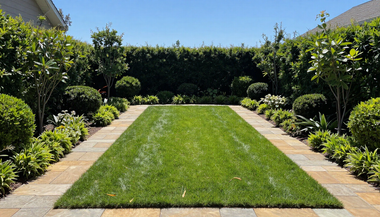 Sunny backyard with a neatly trimmed green lawn, stone borders, and lush hedges