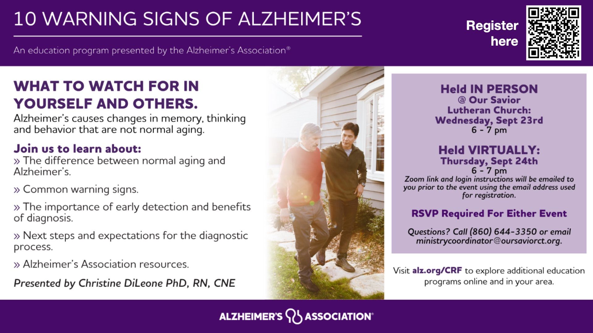 Alzheimer’s Association poster on 10 warning signs, purple header, checklist, and caregiver support info.