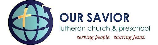 Logo of Our Savior Lutheran Church & Preschool with a globe and cross, text in navy and red.