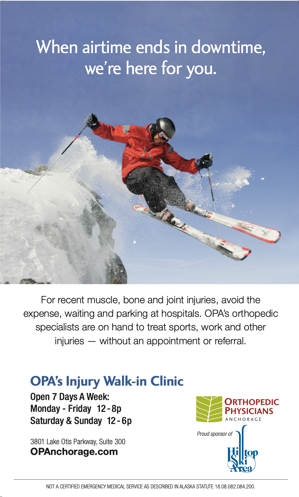 Creative concept sample: Out of control skier in air + headline,