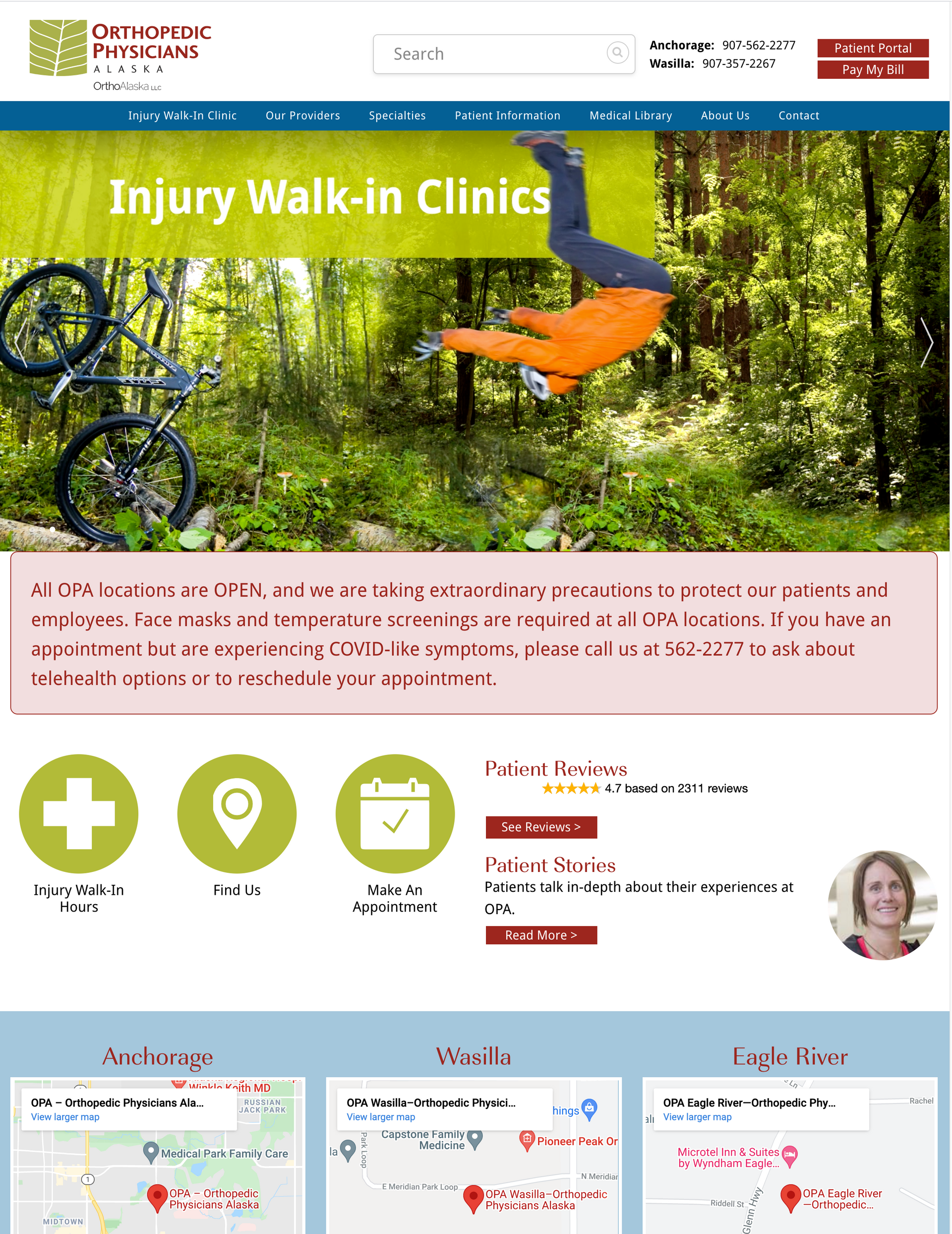 Website writing sample: video (screenshot) of a mountain biker falling + headline,  Injury Walk-in Clinics. 