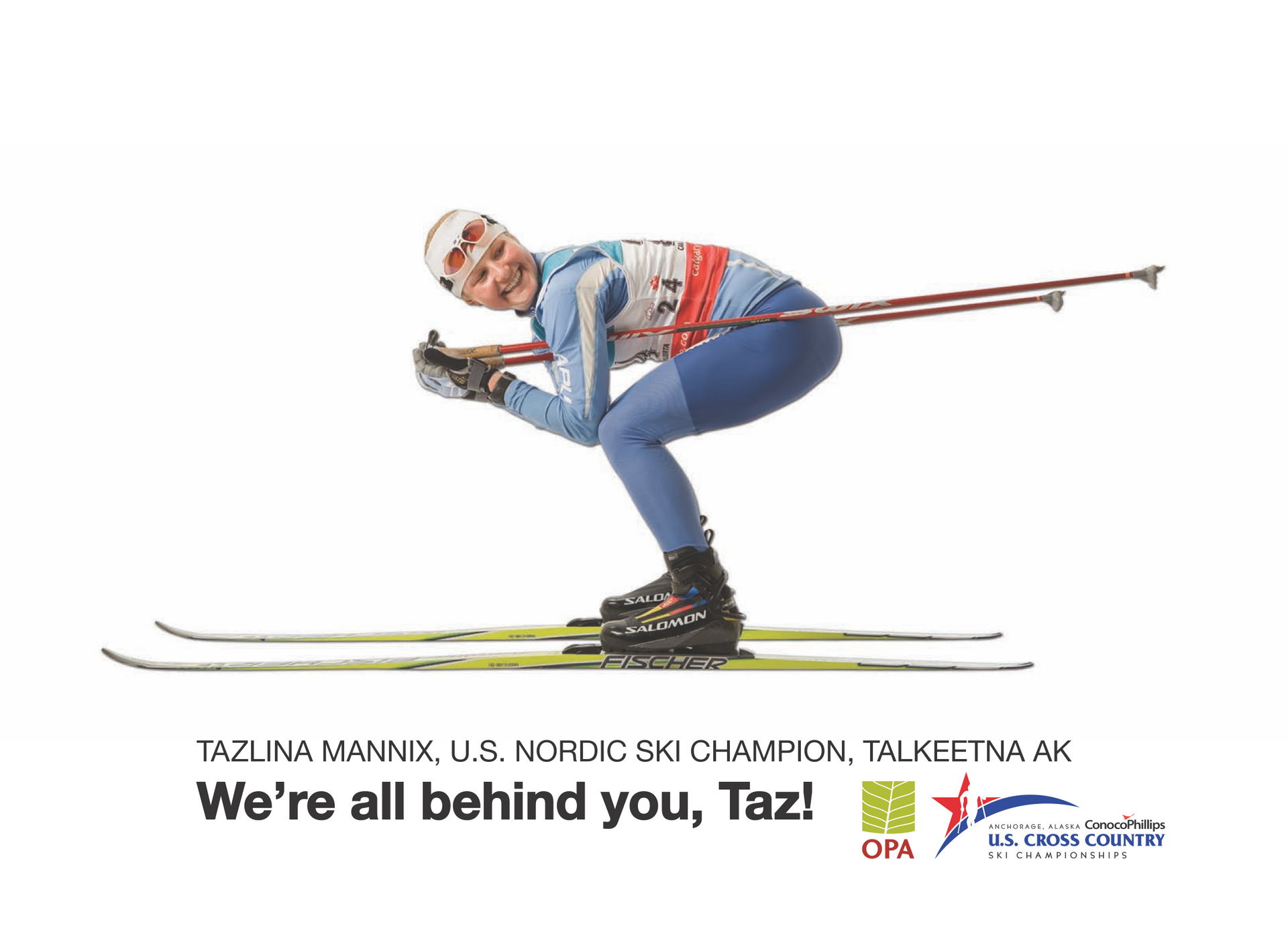Banner showing xc skier Taz Mannix in a tuck, looking behind her with headline,