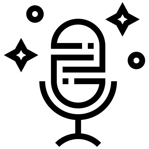 A microphone with stars around it icon, representing radio scriptwriting and producing.