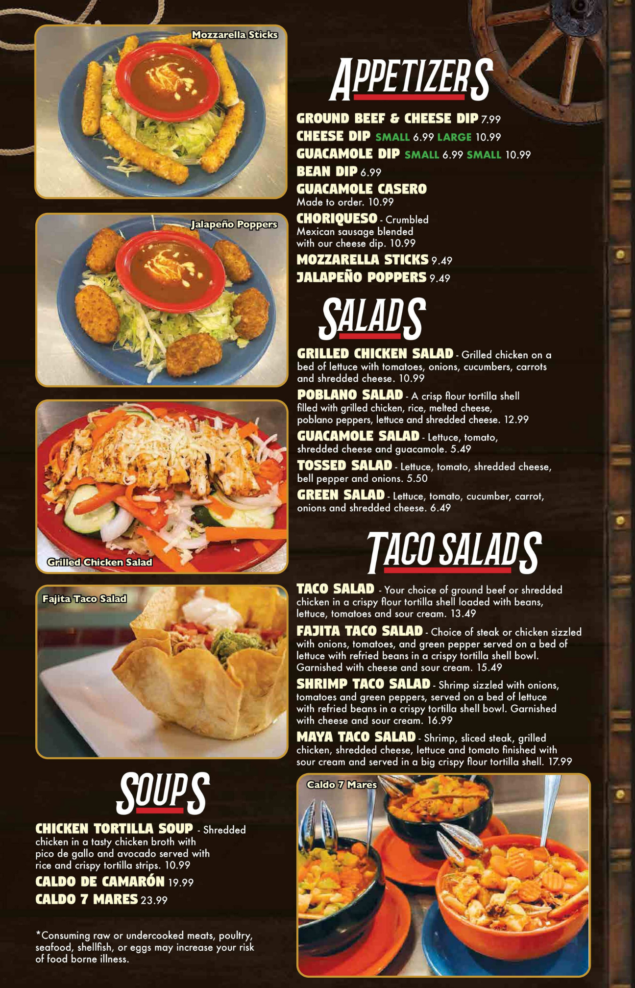 Restaurant menu with photos of appetizers, salads, taco salads, and soups on a dark background
