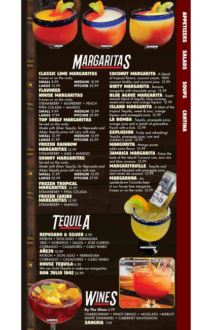 Menu displaying appetizers, ribs, sticks, salads, and soups with accompanying food photos.