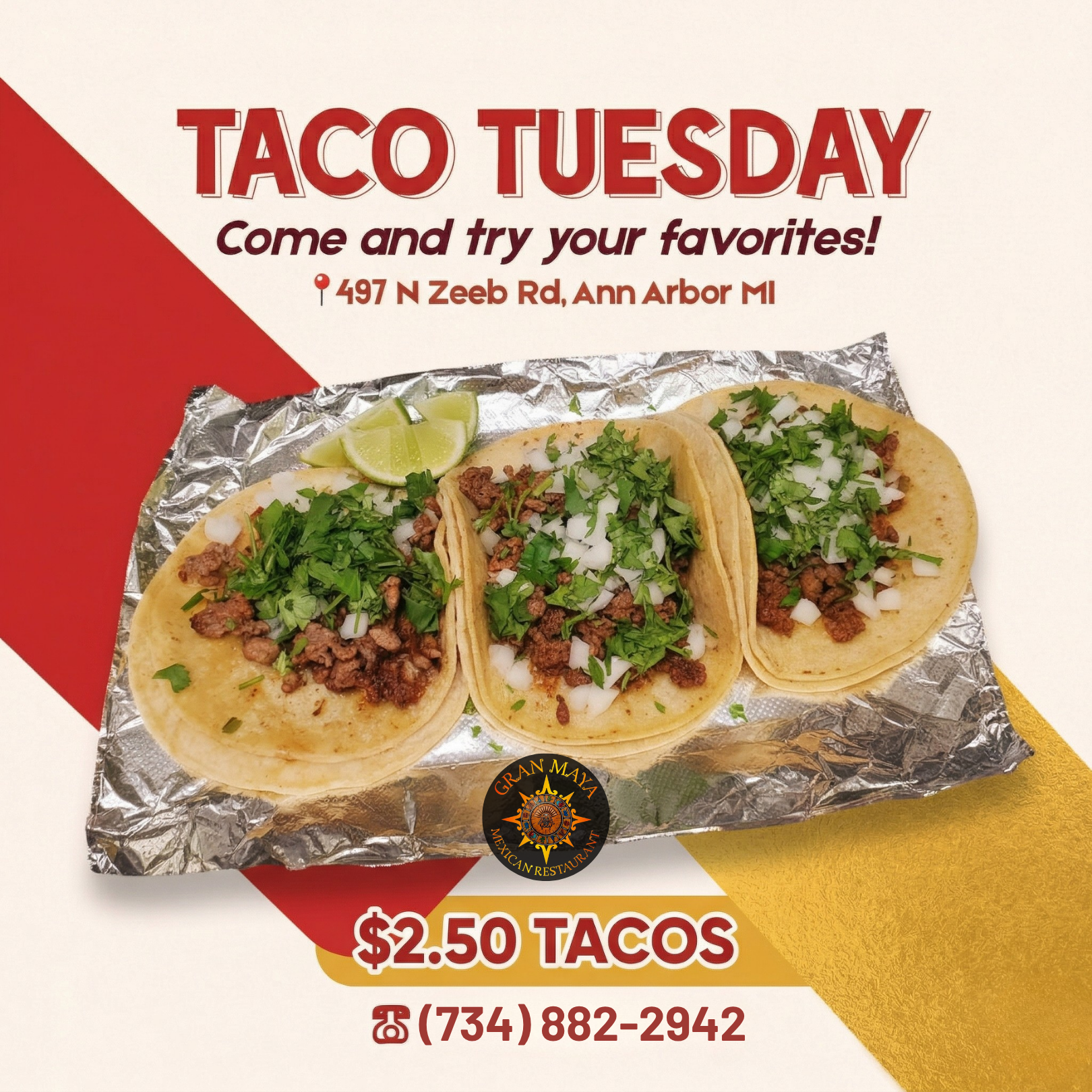 Taco Tuesday launch at Fiesta Charra Eastwood with 3 street tacos and 16oz beer special