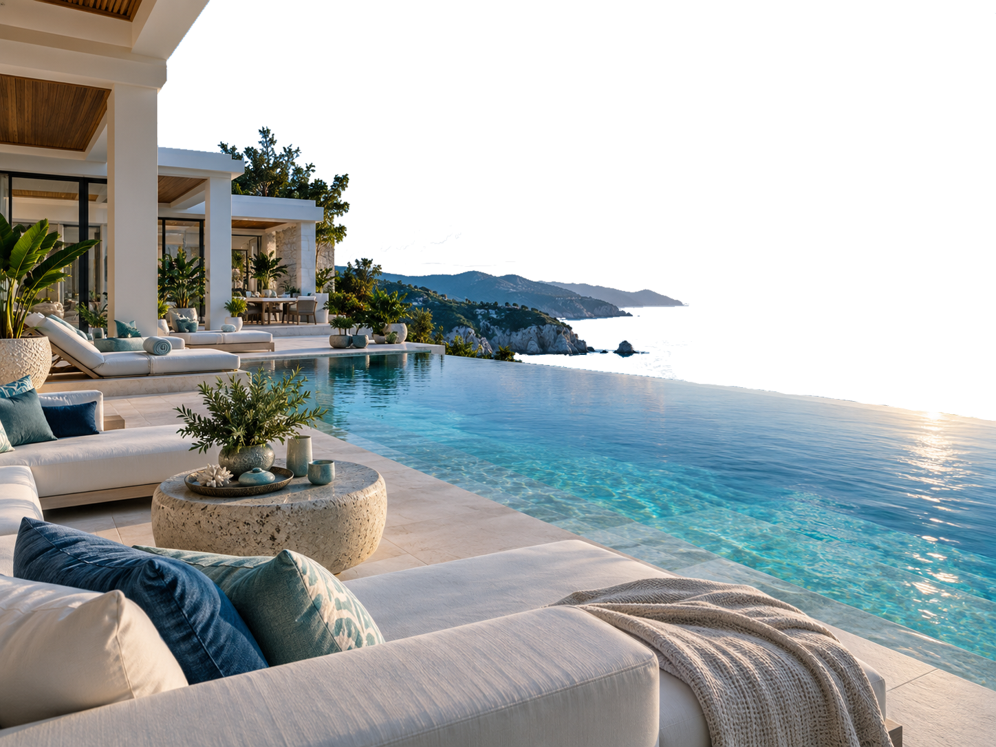 Luxury seaside villa with infinity pool, beige lounge seating, and a sunlit ocean view