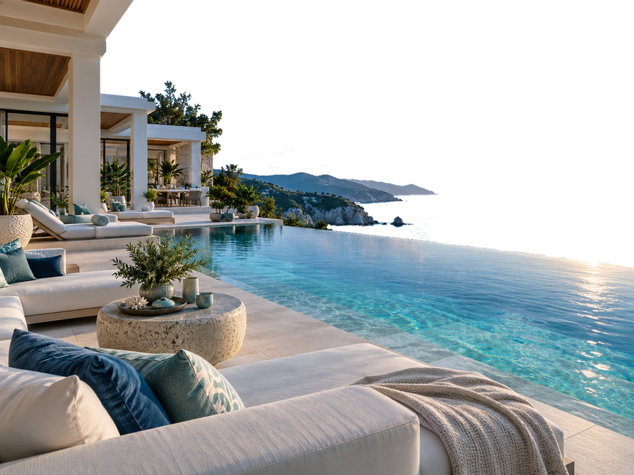 Luxury seaside villa patio with infinity pool overlooking the ocean at sunset