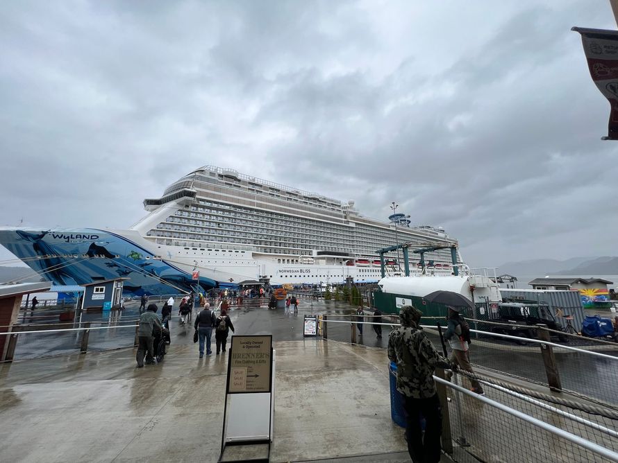 Large cruise ship docked at a rainy port with people walking along the pier