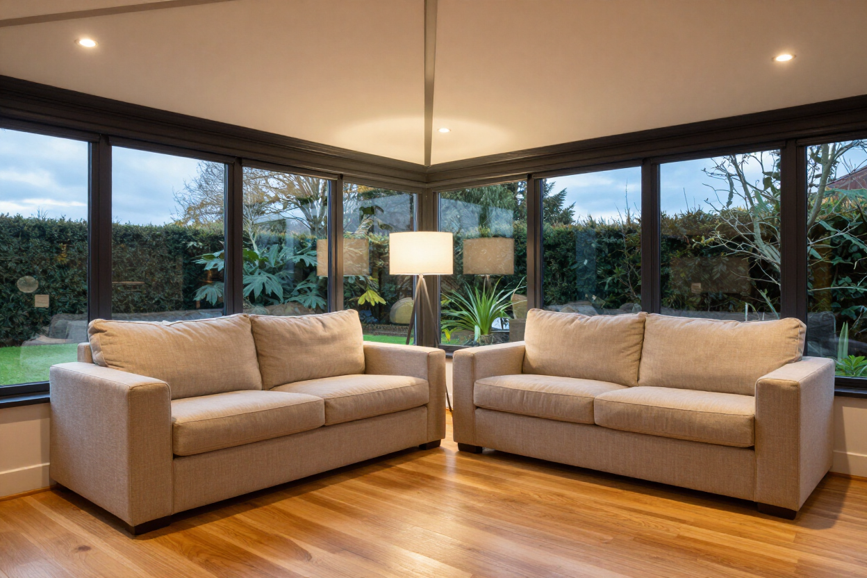 After: bright conservatory with insulated solid panel roof and cosy lounge