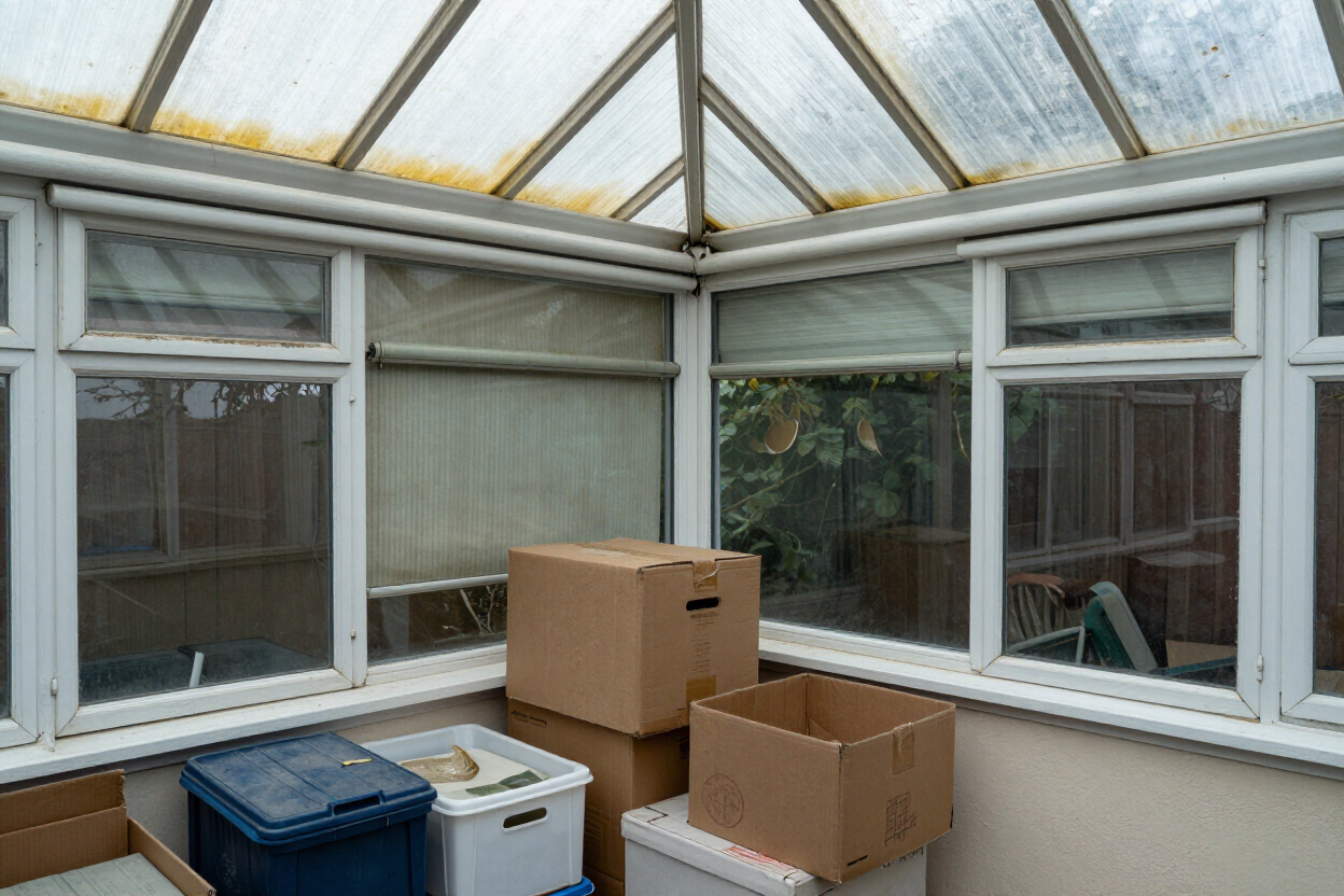 Before: dated conservatory with tired roof and clutter