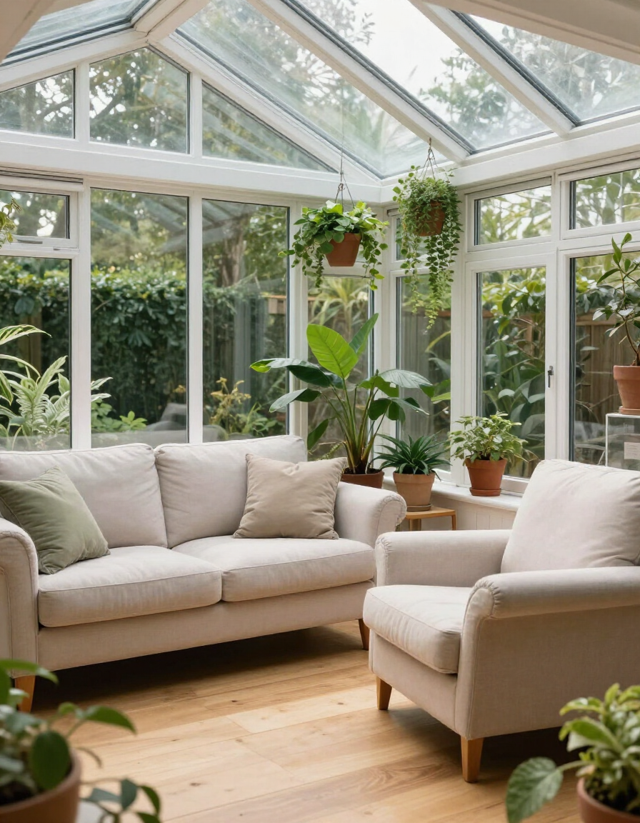 Comfortable conservatory living space with sofa and plants