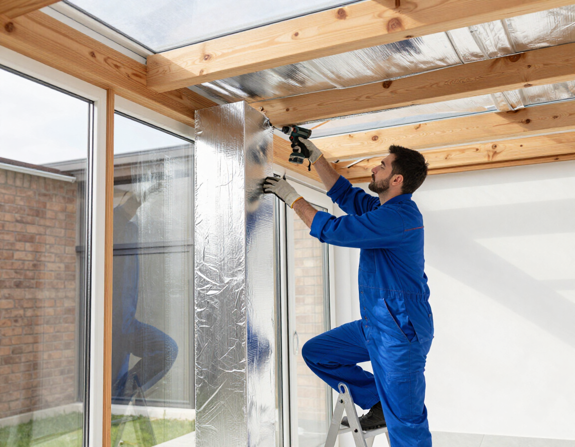 Installer fitting internal roof insulation to a conservatory ceiling