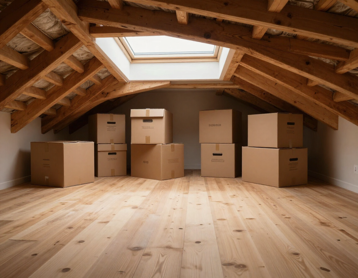 Boarded loft floor with storage boxes