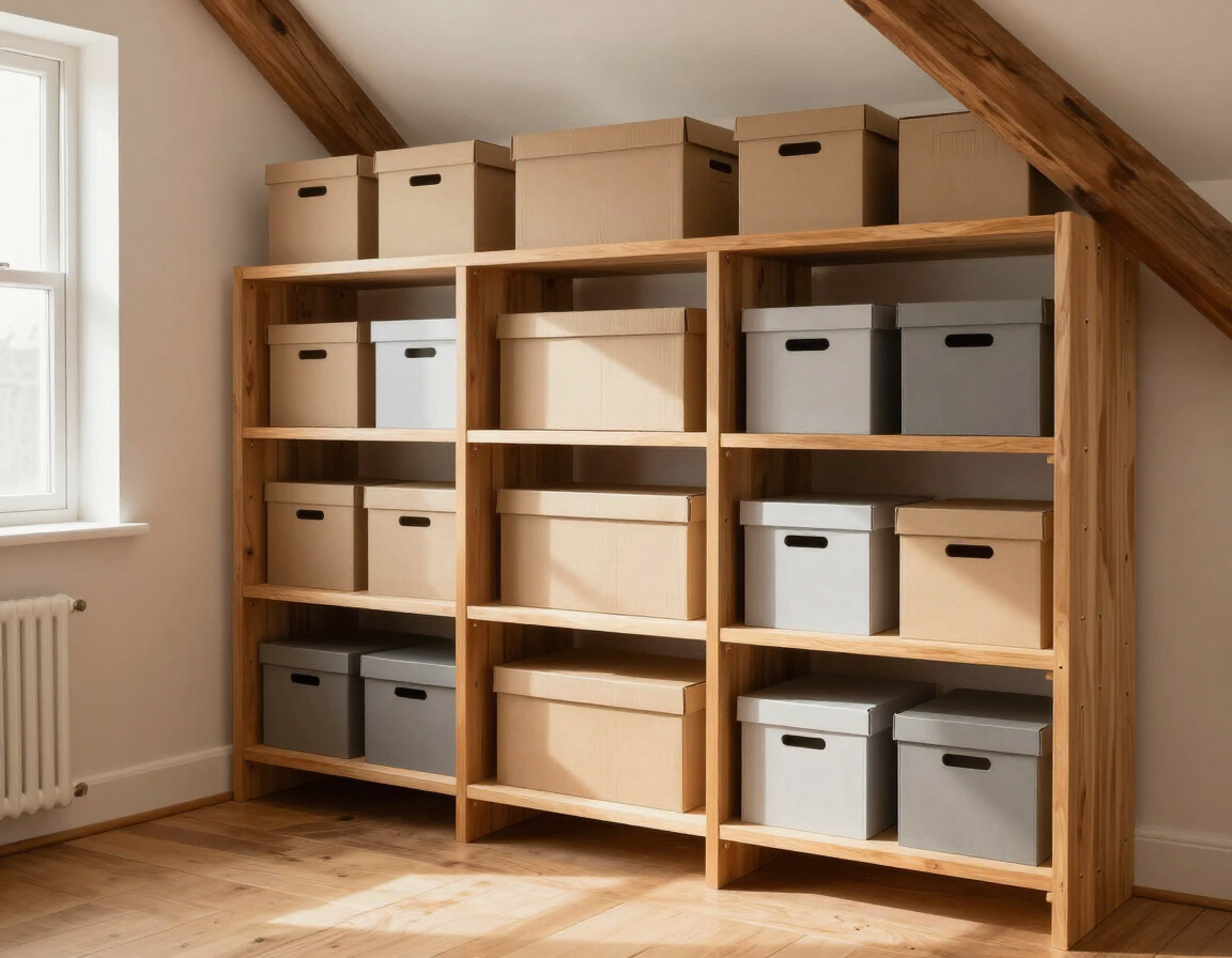 Shelved loft storage with boxes