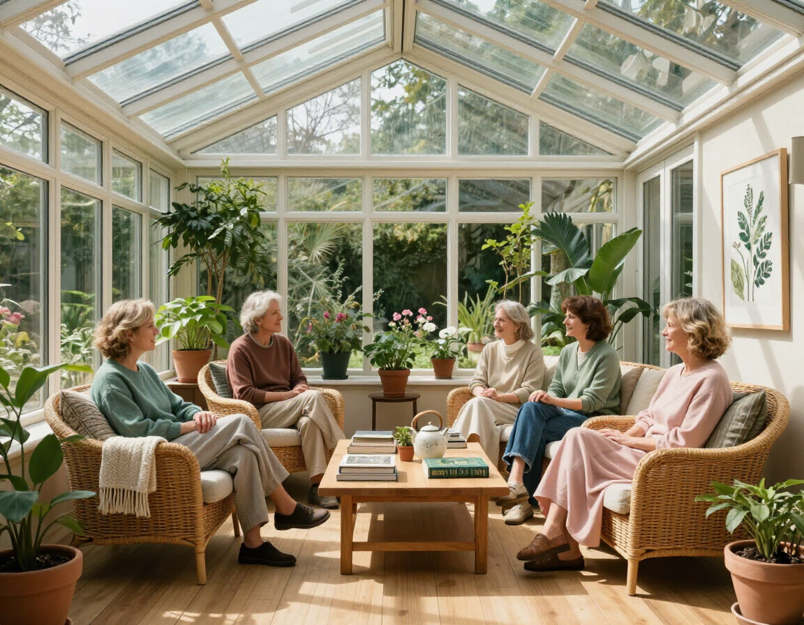 Bright conservatory interior with people relaxing inside