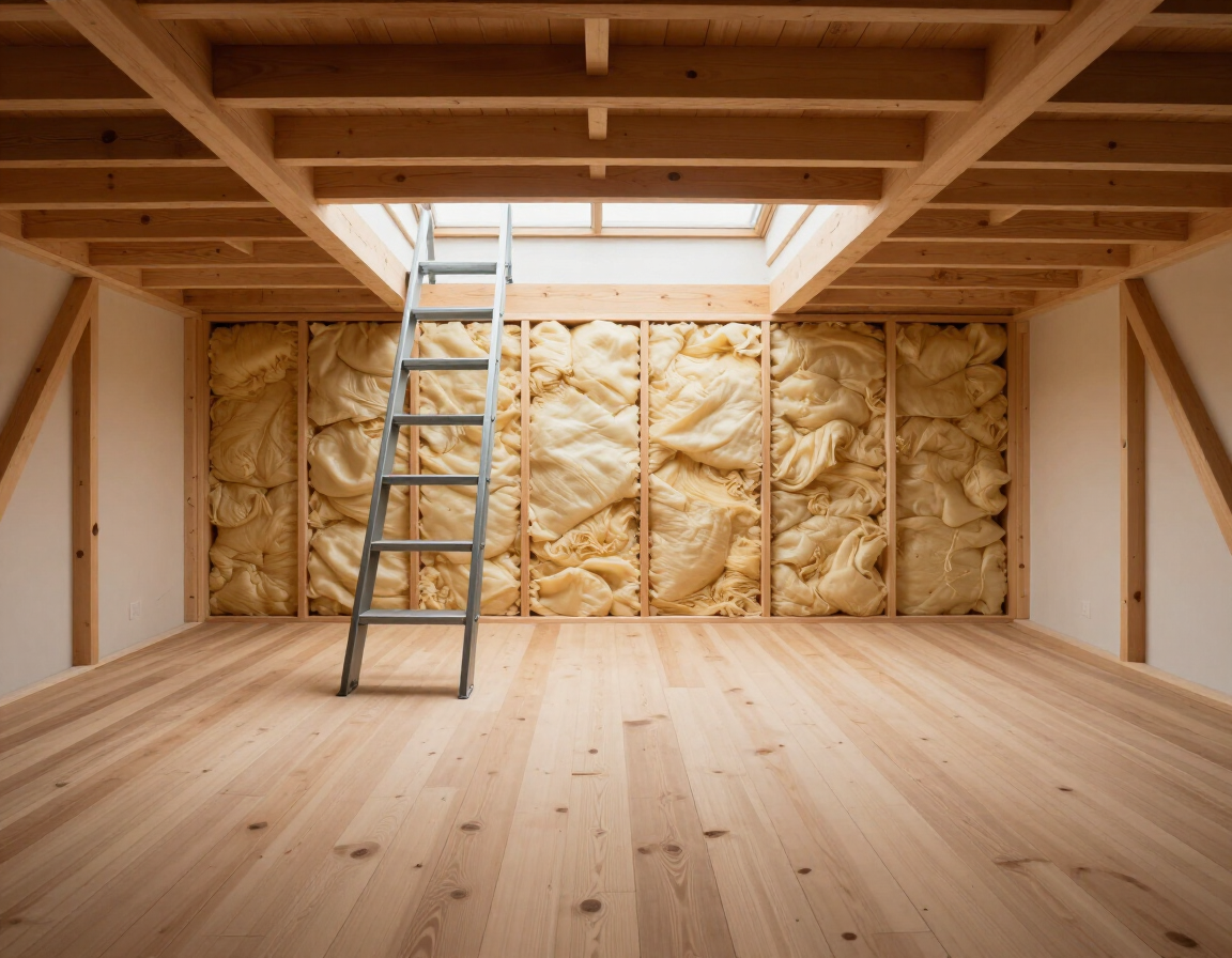 Boarded loft space with insulation and loft ladder