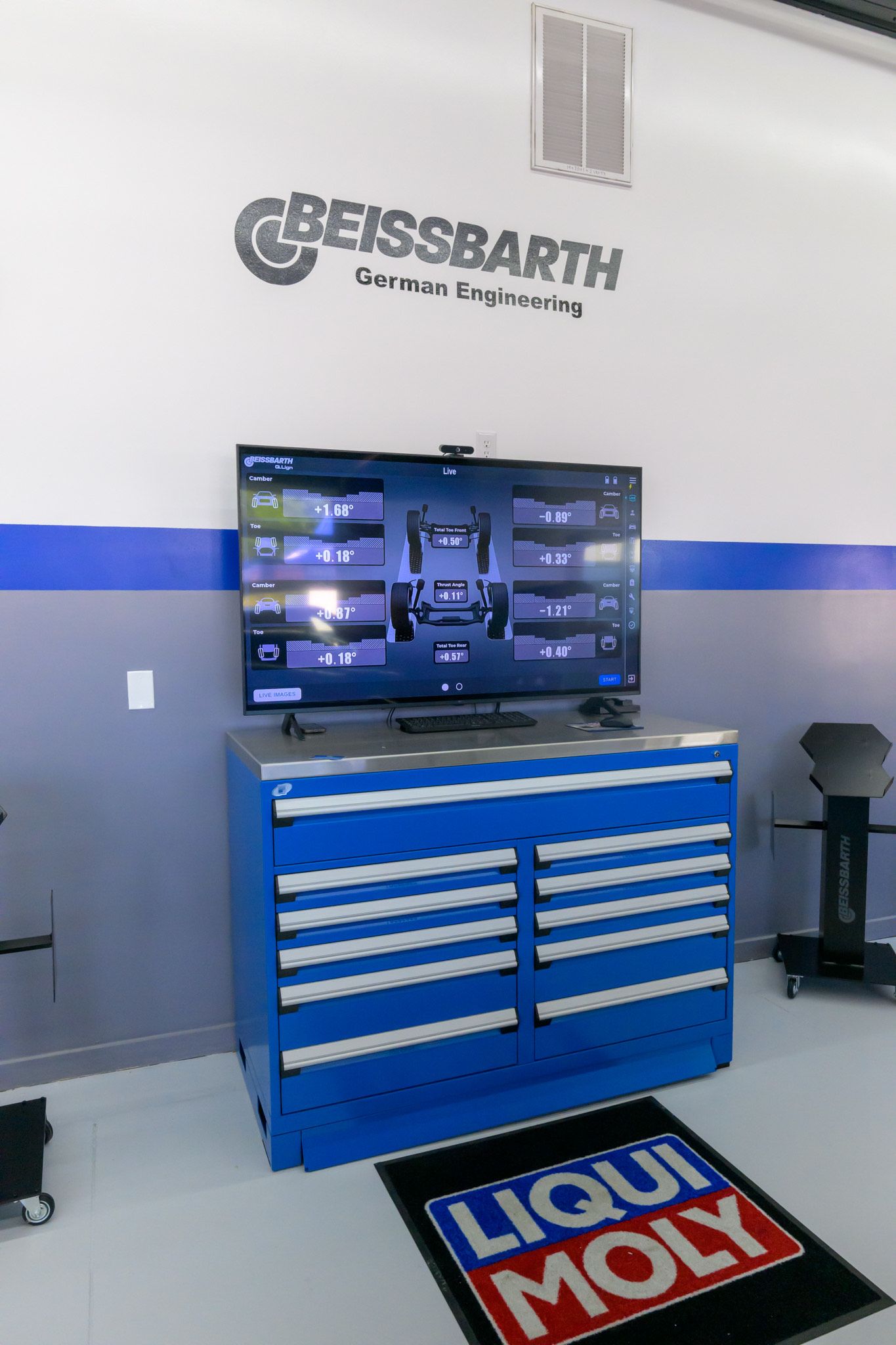 Blue tool cabinet with TV | Plum Springs Garage