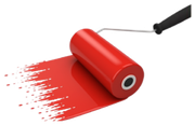 Red paint roller leaving a fresh red streak on a white surface