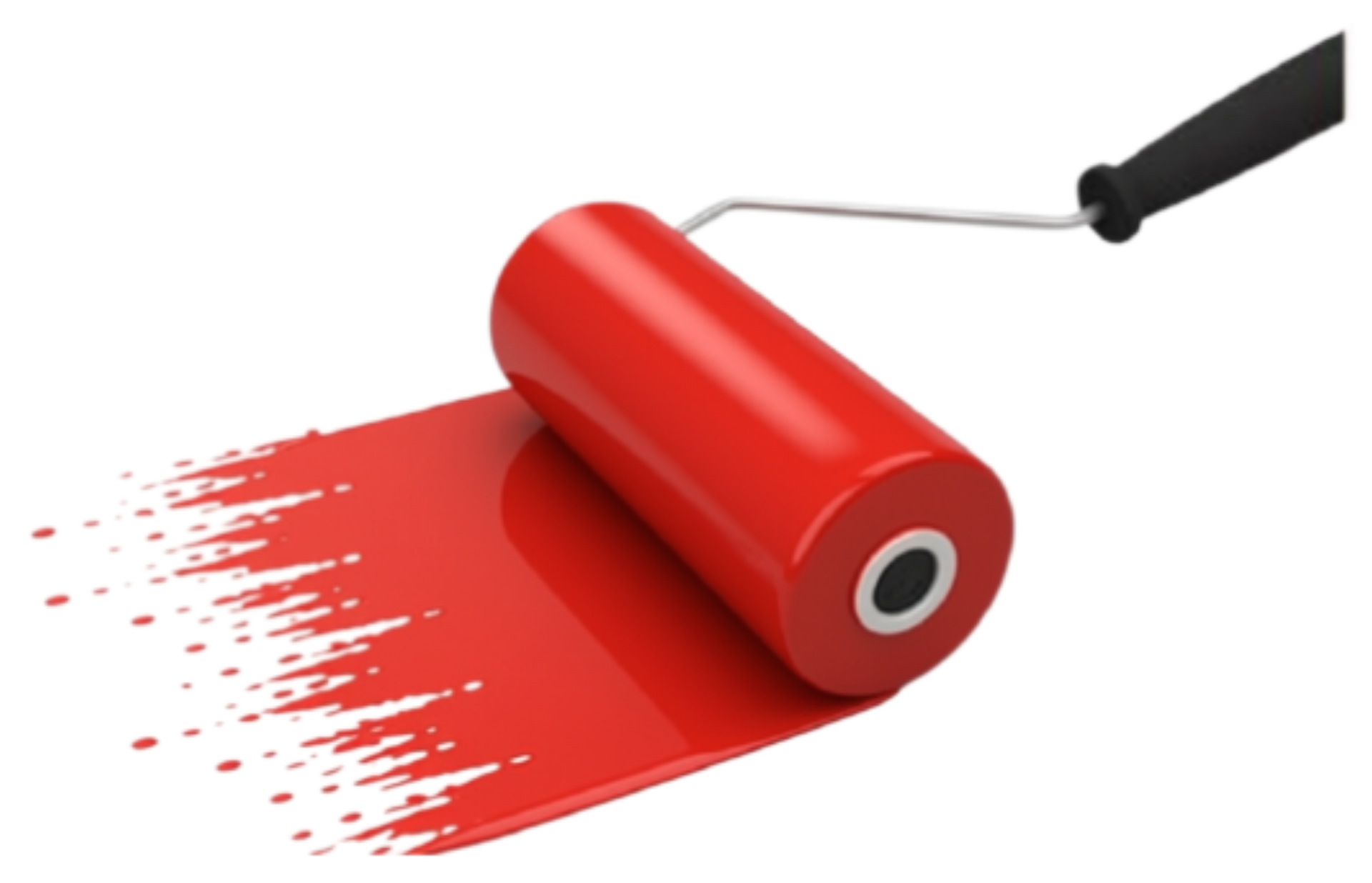 Red paint roller leaving a fresh red streak on a white surface