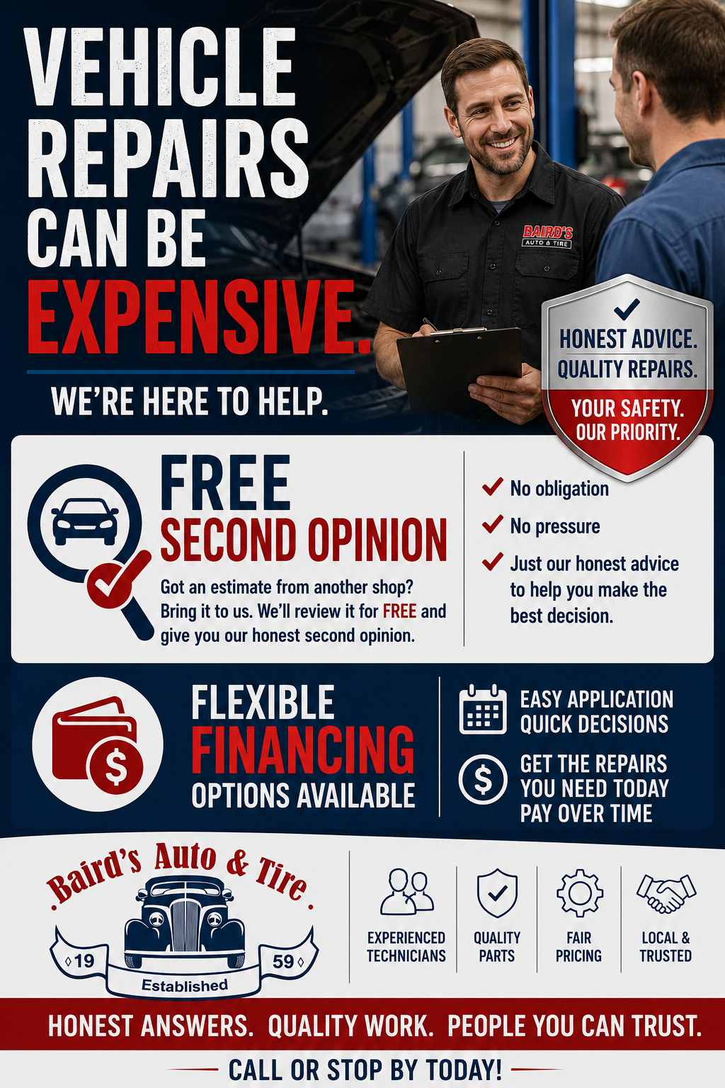 Free Second Opinion with Flexible Financing Options Available | Baird's Auto and Tire