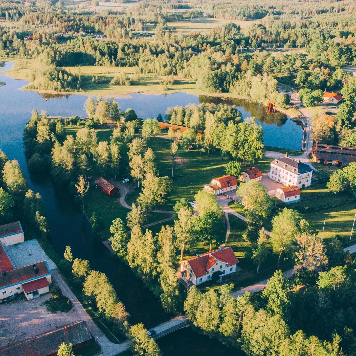 An aerial view of a residential area surrounded by trees and a lake.