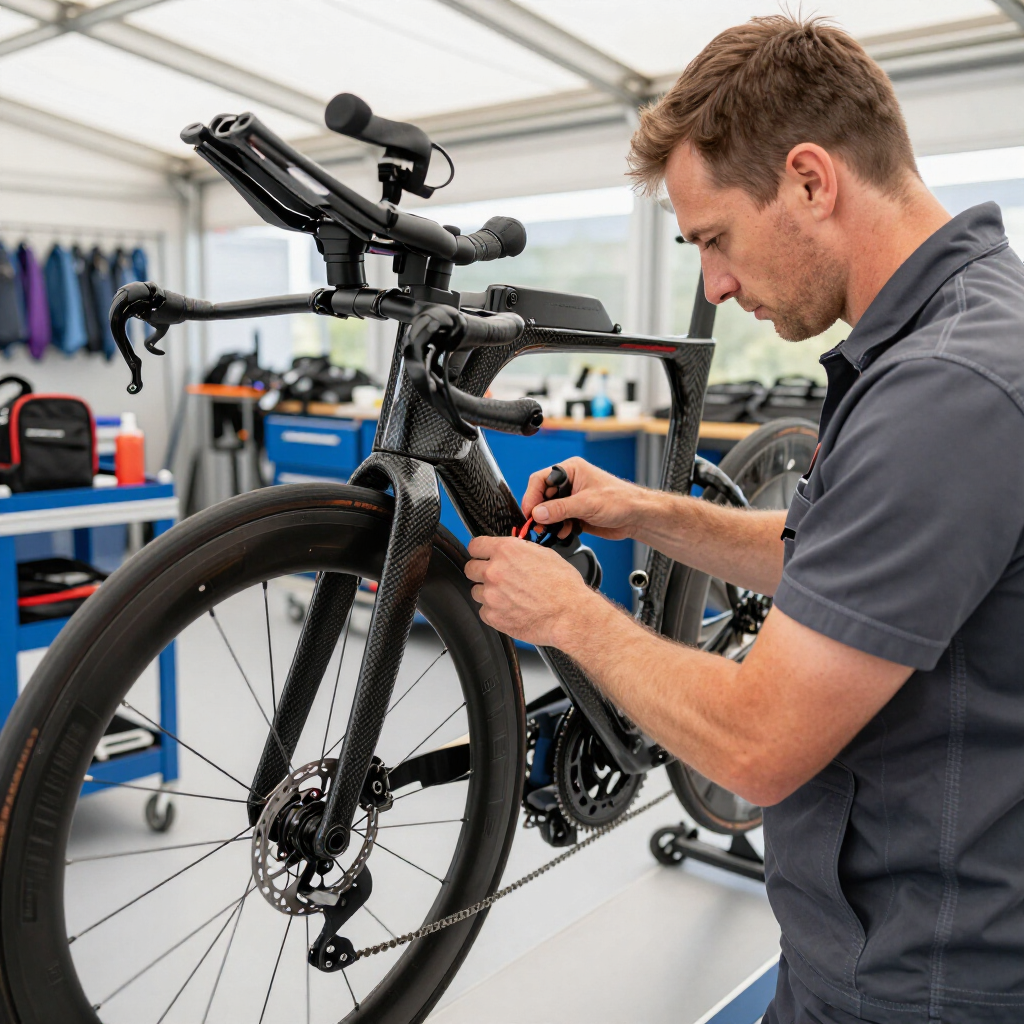 Mechanic adjusting a road bike in a workshop, focused on the front wheel and handlebars.