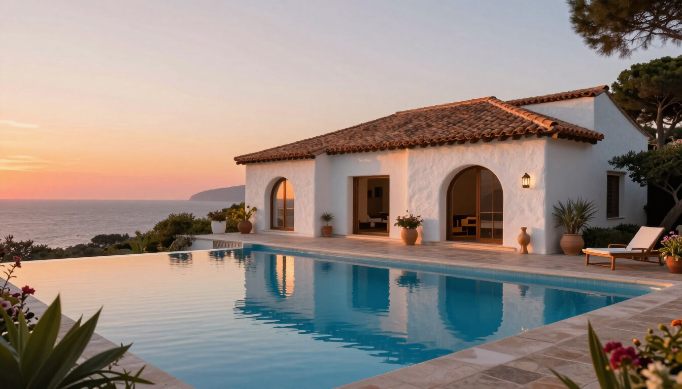 A beautiful yoga retreat venue overlooking the hills at sunset.