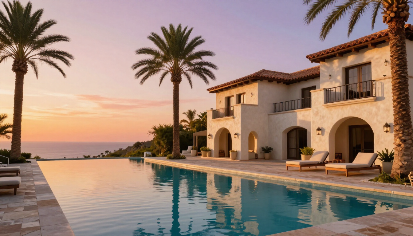 A peaceful yoga retreat venue with a pool and palm trees
