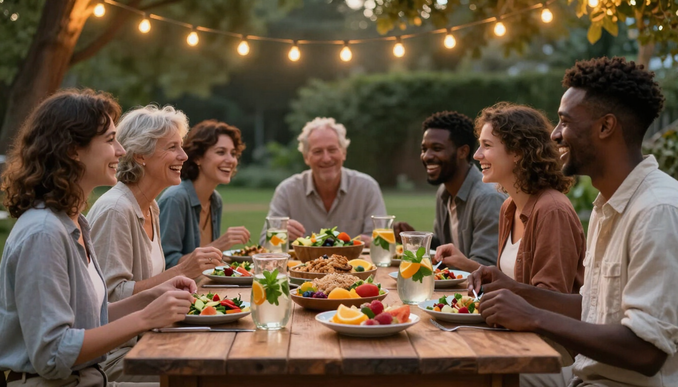 A group of friends laughing together at a retreat dinner