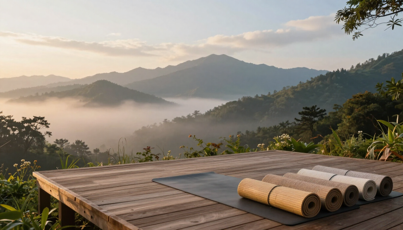 A professional setting with travel documents and yoga accessories.