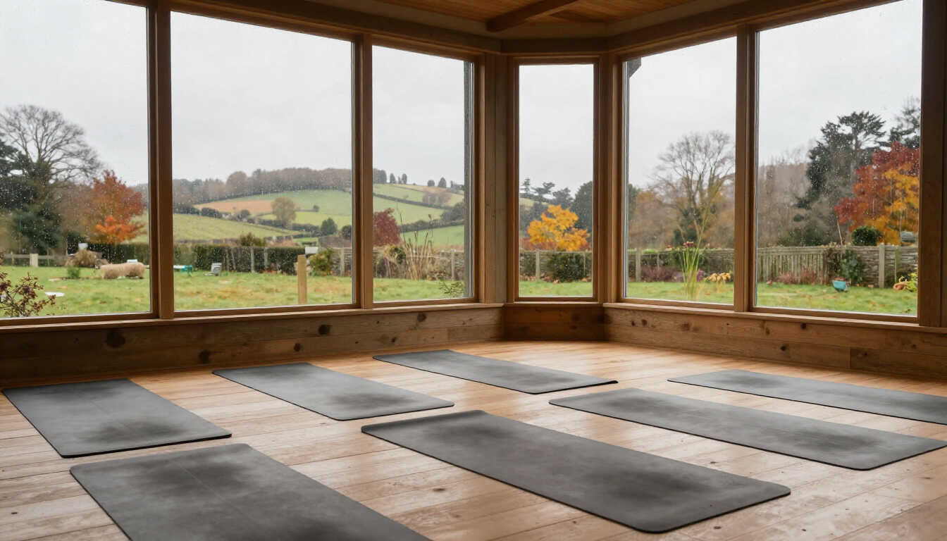 Retreat rain plan indoor yoga space with mats and autumn rain