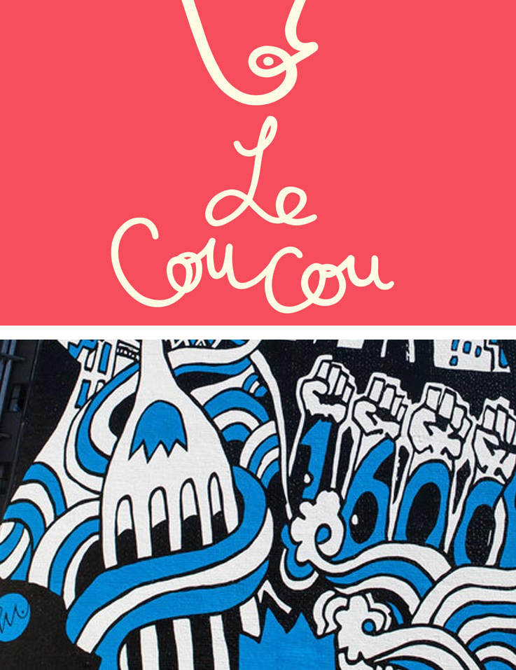Le Coucou logo above a blue-and-white abstract mural with stylized faces and hands