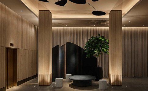 Modern minimalist lobby with wooden pillars, curved black wall, round table, and indoor tree.
