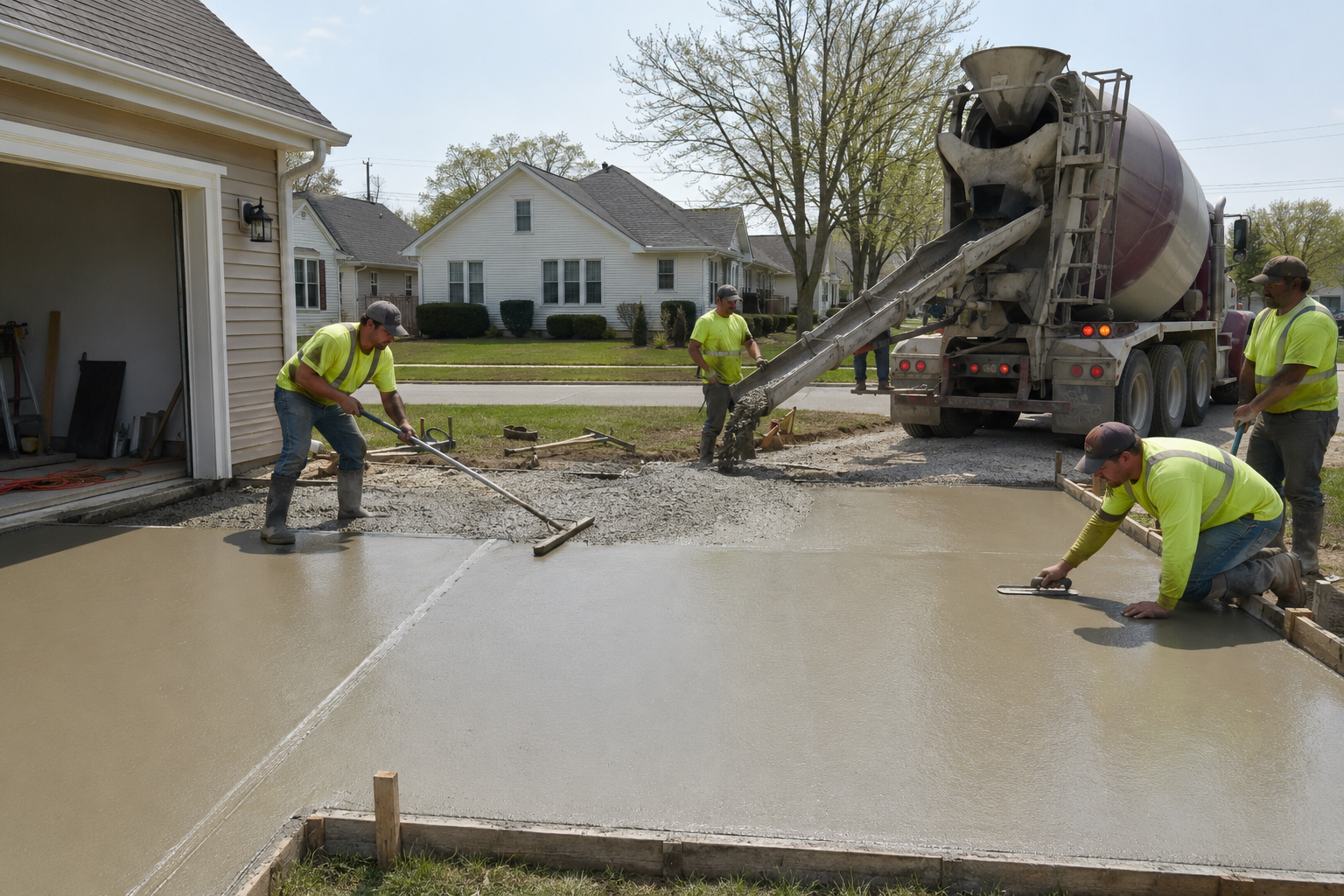 Concrete crew pouring and finishing a residential driveway in the Kankakee, Illinois area on a clear