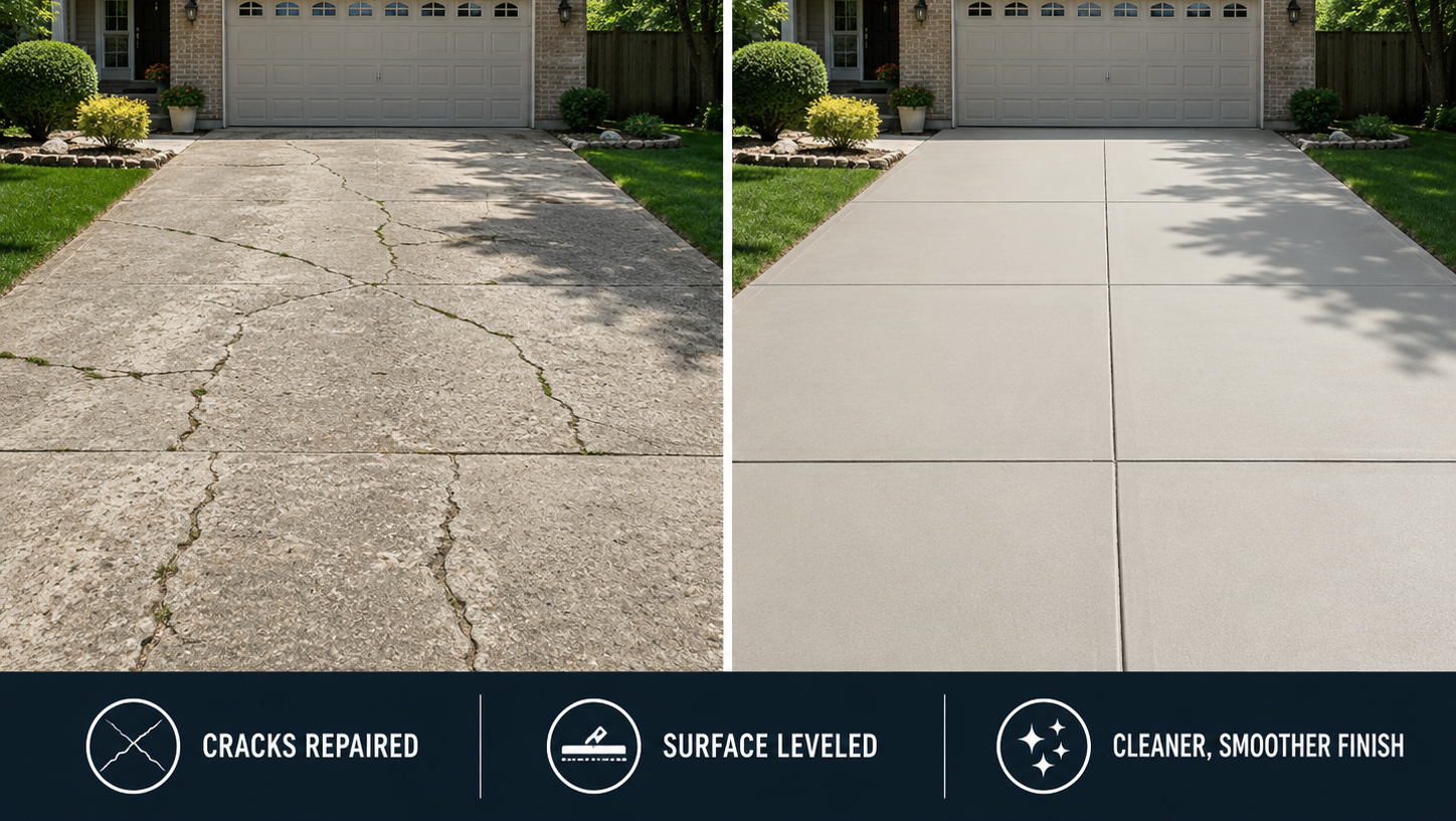 Before and after example of a damaged concrete driveway and a newly finished concrete driveway