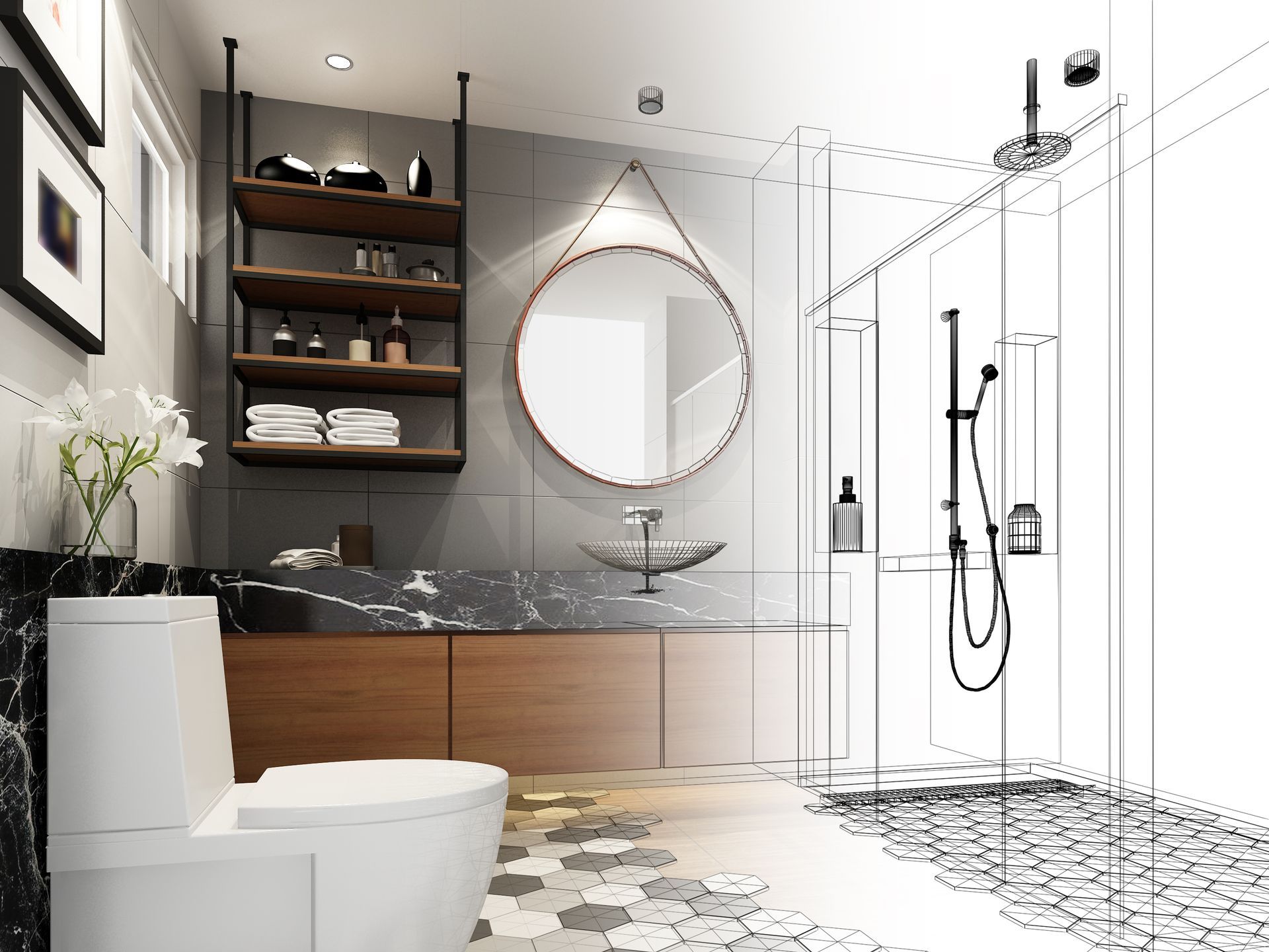 A person wearing leather gloves is holding a drawing of a bathroom.