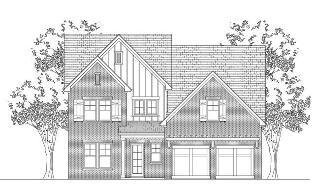 Black and white line drawing of a two-story house with a two-car garage, front porch, and trees.