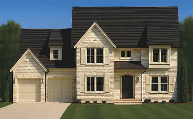Two-story house with light brick exterior, dark roof, two-car garage, and green lawn.