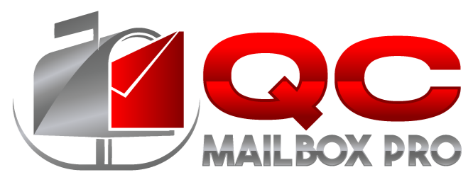 QC Mailbox Pro logo with a gray and red mailbox icon and bold red text