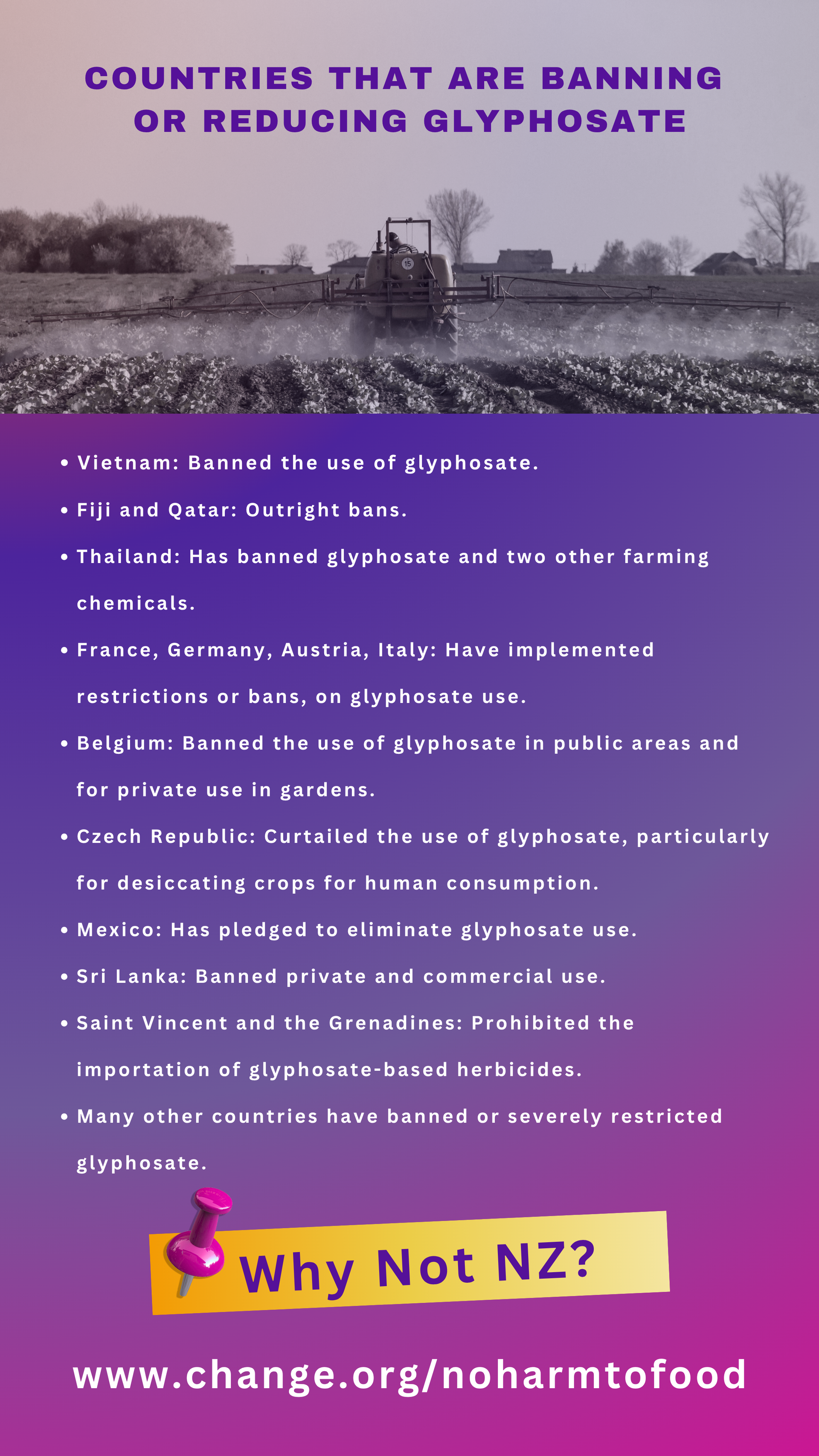 Purple poster listing countries banning or reducing glyphosate, with “Why Not NZ?” at the bottom.