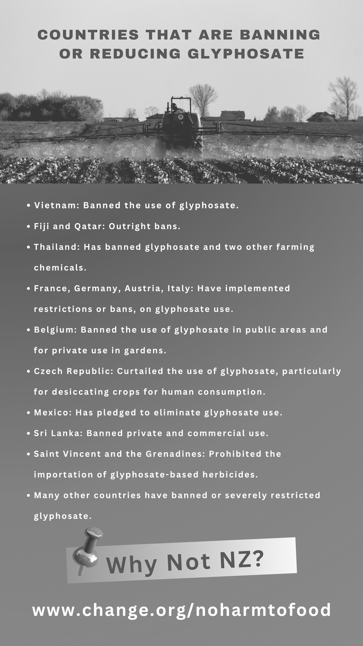Gray protest poster listing countries banning or reducing glyphosate, with a field scene and “Why Not NZ?” banner