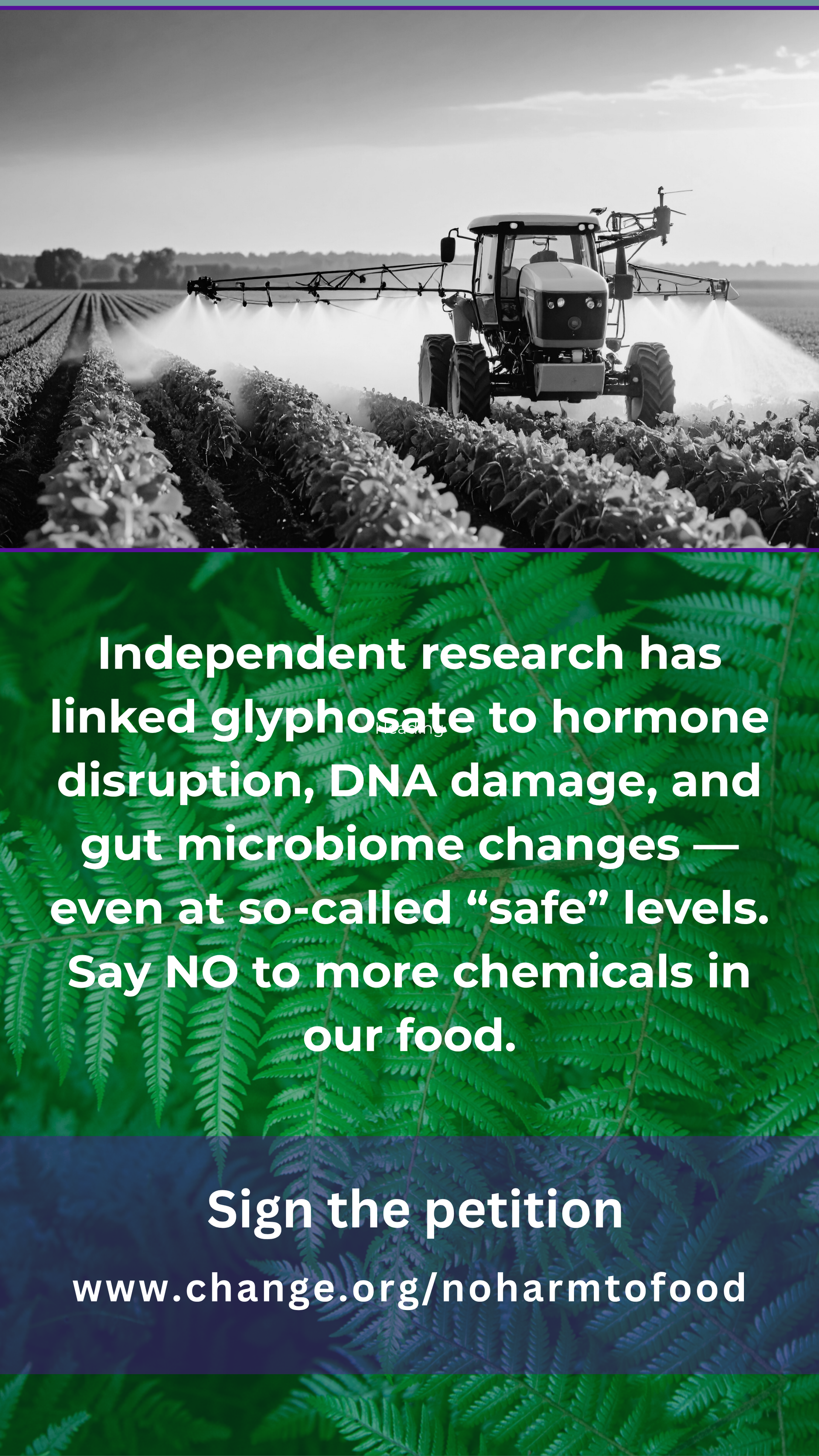Tractor spraying crops, text advocating against glyphosate in food due to health risks; sign www.change.org/noharmtofood NZ petition opposing two foo law bills: Gene Tech & Glyphosate