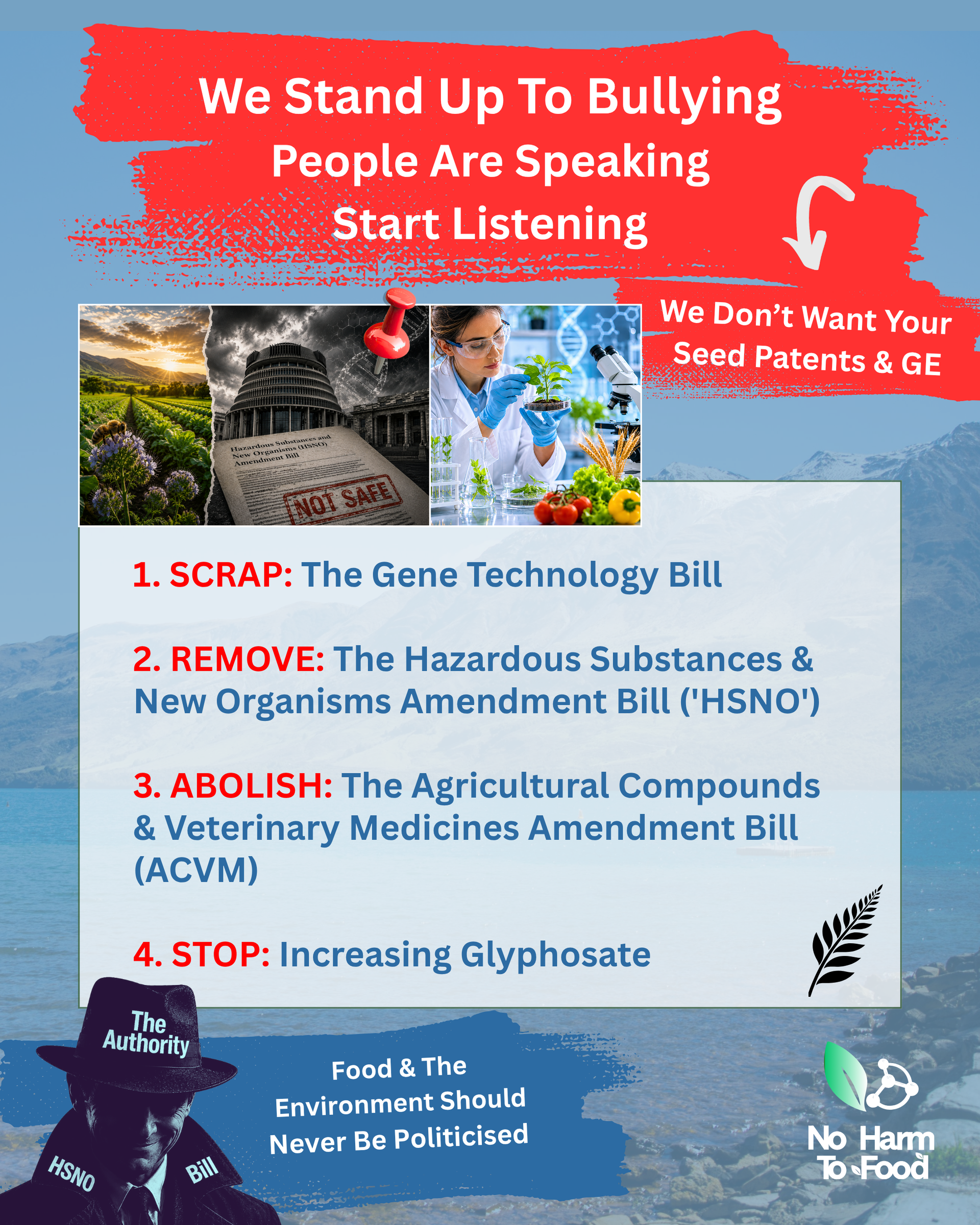 Poster about GMOs  and the harm they cause, many countries have banned them. A farm photo, purple text, and a green “Why Not NZ?” banner, promoting non-GMO food